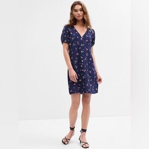 (A10) NWT GAP Navy Blue Floral Print Puff Sleeve Casual Lifestyle Mini Dress XL